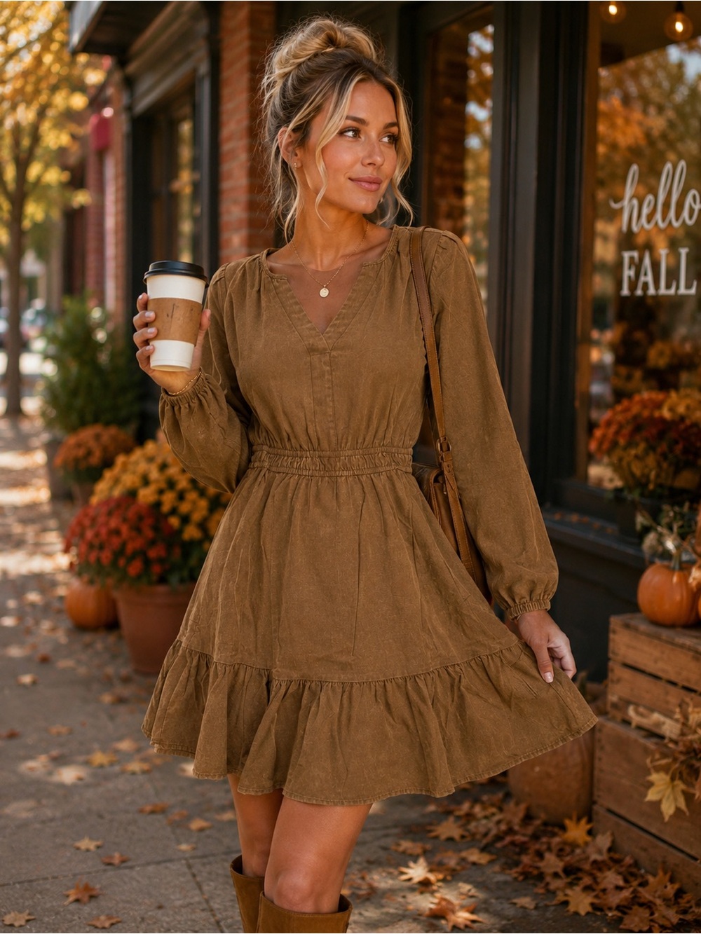 Women's Long Sleeve V-Neck Ruffle Hem Dress in Brown - 600
